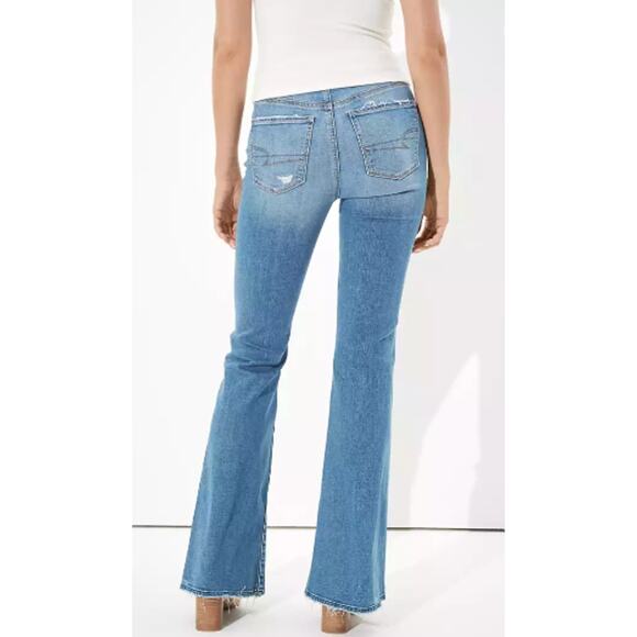 American Eagle Super Hi-Rise Flare Jeans 16 Stretch Blue Denim Distressed NEW - Picture 2 of 11